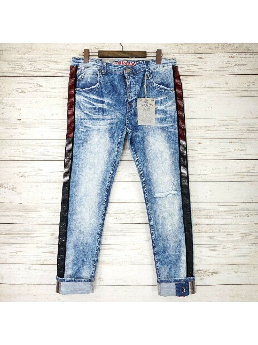 Smugglers Moon Handcrafted Color Block Rhinestone 5 Pocket Jeans Mens Size 40x33